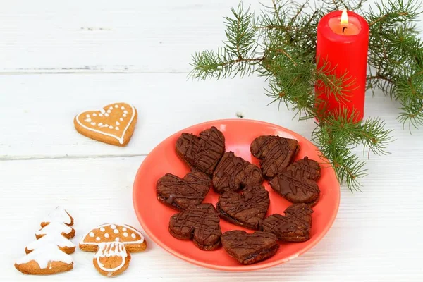 Christmas Chocolate Candies White Table Xmas Homemade Chocolate Sweets Red — Stock Photo, Image