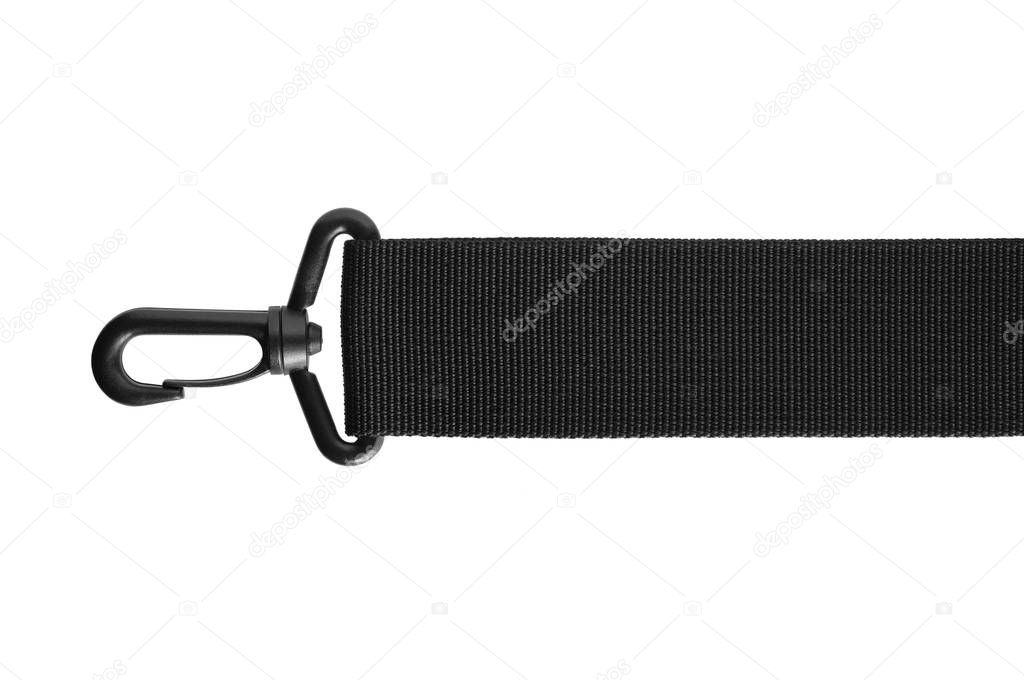 Black belt rope strap lanyard, hanging plastic clasp snap latch hook carabiner, large detailed isolated macro closeup, horizontal