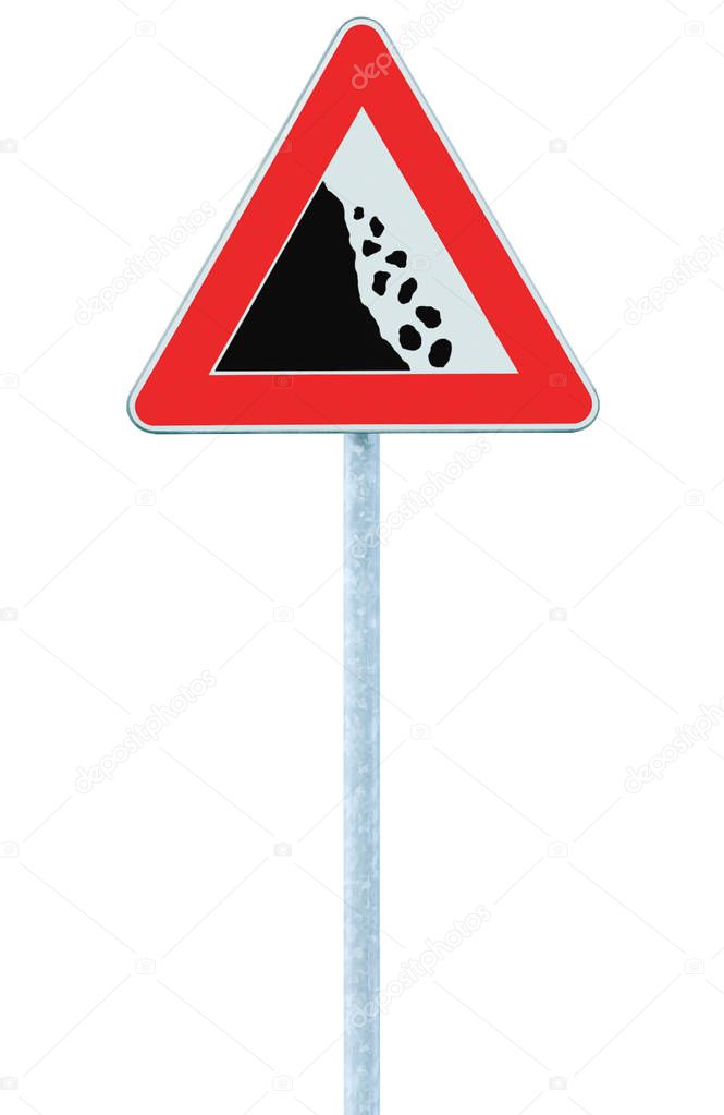 Falling rocks risk caution road sign on pole post, large detailed isolated vertical roadside stones traffic warning signage macro closeup, rock slide fall danger possible ahead, red frame triangle signpost detail