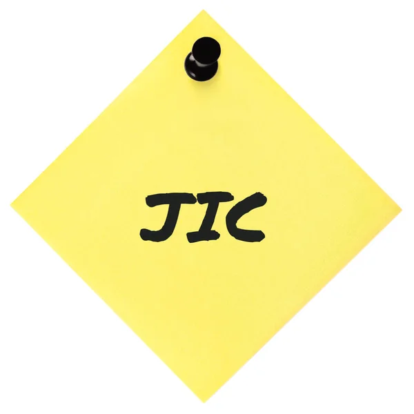 Just in case initialism JIC black marker written acronym text isolated yellow post-it to-do list sticky note reminder abbreviation sticker, pushpin thumbtack macro closeup, memo information message, newsletter bulletin info notice concept, letter