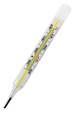 Termometre, tıbbi cam, Celsius santigrad ateş ölçeği, ateş yükselmesi, yüksek vücut sıcaklığı konsepti, Pyrexial 40.0 derece, izole edilmiş dikey makro yakın çekim, cıva hidrargyrum quicksilver hg
