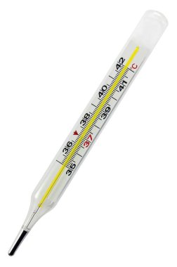 Termometre, tıbbi cam, Celsius santigrad ateş ölçeği, subfebrile vücut ısısı konsepti, 37.0 derece, izole edilmiş dikey makro yakın çekim, cıva hidrargyrum quicksilver