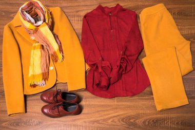 Şık Bayan giyim ve aksesuar ahşap arka plan üzerinde set