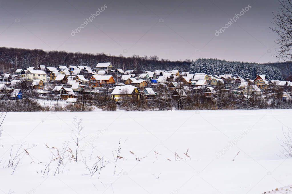 Winter landscape with cottage village on a hill near the forest at a cloudy day