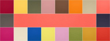 Color of the year 2019: Living Coral and other fashionable trend and neutrals colors of spring-summer 2019 season from New York and London fashion weeks. Texture of colored paper. Photo collage clipart