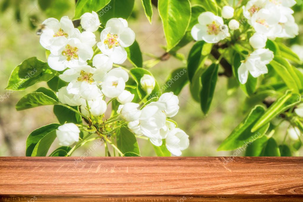 Empty wooden table with spring background of blossoming wild apple tree. Can be used for display or montage products