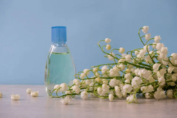 Small bottle of perfume and bouquet of lily of the valley flowers on light color background. Perfumery, fragrance, cosmetic concept. Spring or summer still life