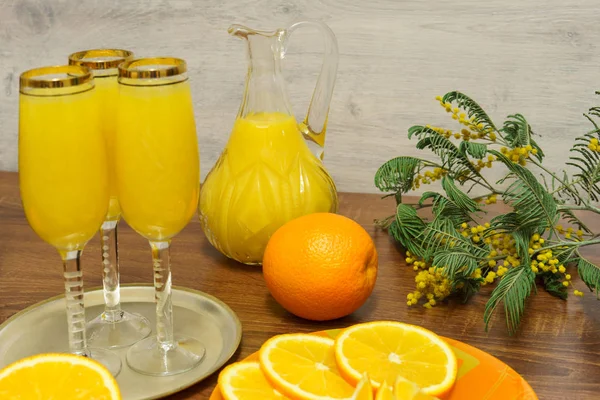 Three Glasses Mimosa Cocktail Decanter Orange Juice Fresh Oranges Mimosa — Stock Photo, Image