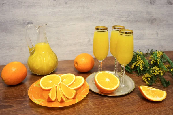 Three Glasses Mimosa Cocktail Decanter Orange Juice Fresh Oranges Mimosa — Stock Photo, Image