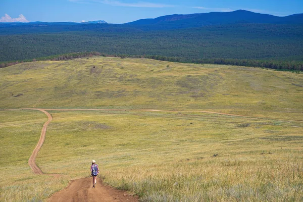 Pittoreskt Fantastiska Landskap Över Stäppen Skogen Och Bergen Med Liten — Stockfoto