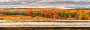 Empty wooden table with blurred picturesque autumn landscape of panoramic view from hill to lowland with field and grove in cloudy day. Mock up for display or montage products clipart