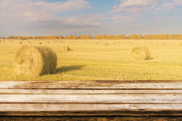 Mesa de madera vacía con paisaje otoñal de campo biselado y pacas de paja. Maquillaje para productos de exhibición o montaje — Foto de Stock