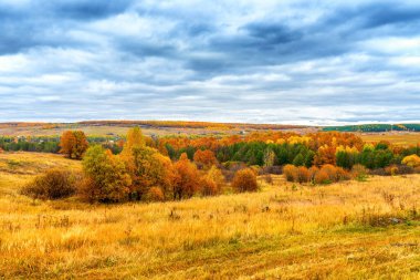 Yeşil ve sarı renkli resimli sonbahar manzarası. Bulutlu bir günde tepeden ovaya köy ve tarla panoramik manzara. Renkli sonbahar doğası, güzel doğal arkaplan.