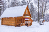 Vidék télen. Faházak és melléképületek havazással borítva a felhős téli napokon. Vidéki táj, falu hóesés után.