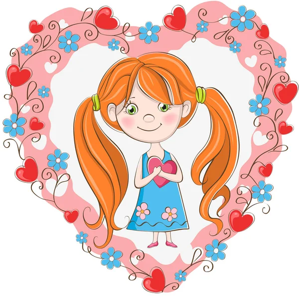 Carino Cartoon Girl Nel Giorno San Valentino Cornice Floreale Con — Vettoriale Stock