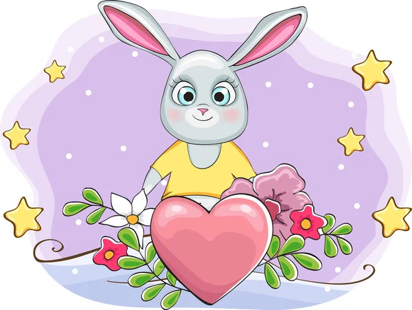 可爱的兔子与心脏在情人节快乐卡片 — 图库矢量图片