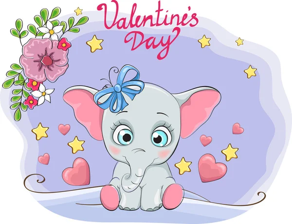 Cute Elephant Greeting Card Stars Happy Valentine Day Stock Illustration