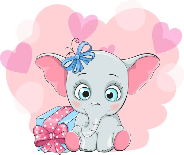 Открытка Счастливым Слоном Подарочной Коробкой Стоковая Иллюстрация