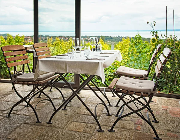 Balaton Gölü 'nde üzüm bağları olan rahat bir restoran.