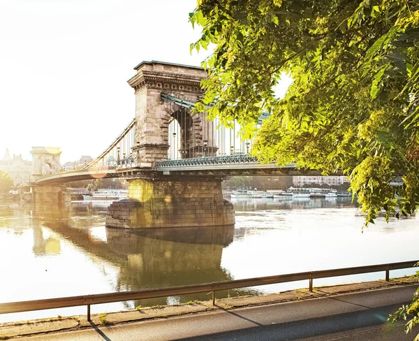 Amazing Chain Bridge Πρωί Στη Βουδαπέστη — Φωτογραφία Αρχείου