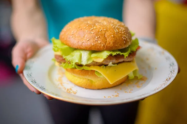 Burger Egy Tányérra Kezében Jogdíjmentes Stock Fotók