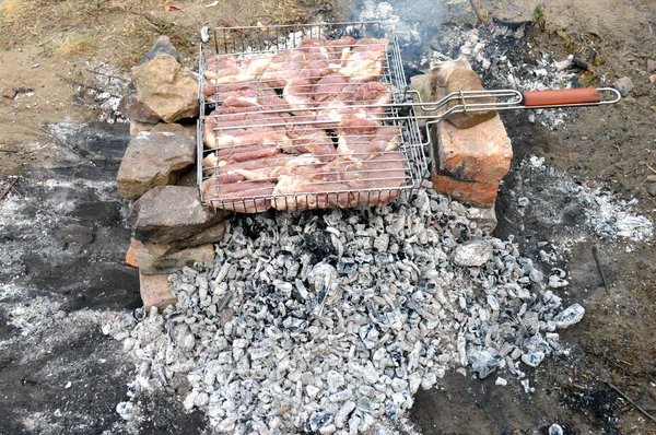 Viande sur un gril couché sur des pierres — Photo