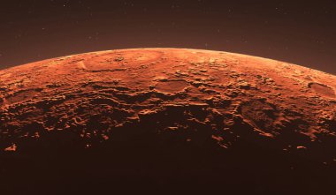 Mars - Kızıl Gezegen. Mars yüzeyi ve atmosferdeki toz. 3B illüstrasyon