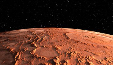 Mars - Kızıl Gezegen. Mars yüzeyi ve atmosferdeki toz. 3B illüstrasyon
