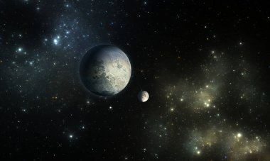 Nebula arka planında yıldızlı dış gezegenler veya Güneş dışı gezegen, 3 boyutlu illüstrasyon