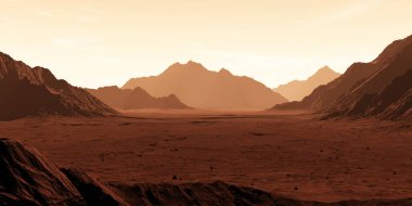 Kızıl Gezegen Mars. Mars manzarası ve tozları atmosferde. 3B illüstrasyon