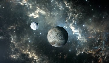 Nebula arka planında yıldızları olan Güneş dışı gezegenin buzlu uydusu, 3 boyutlu illüstrasyon