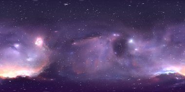 360 derece uzay nebulası, eş dikdörtgen yansıtma, çevre haritası. HDRI küresel panorama. Nebula ve yıldızlarla dolu bir arka plan. 3d illüstrasyon