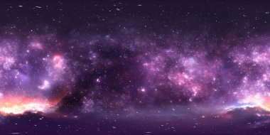 360 derece uzay nebulası, eş dikdörtgen yansıtma, çevre haritası. HDRI küresel panorama. Nebula ve yıldızlarla dolu bir arka plan. 3d illüstrasyon