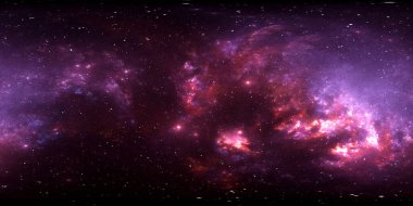 360 derece uzay nebulası, eş dikdörtgen yansıtma, çevre haritası. HDRI küresel panorama. Nebula ve yıldızlarla dolu bir arka plan. 3d illüstrasyon