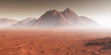Mars 'ta gün batımı, toz bulutu Mars manzarasını kararttı. 3B illüstrasyon