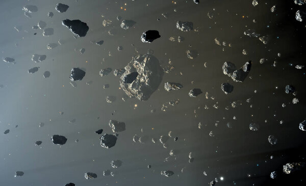 Пояс астероидов. Расположенный между орбитами Марса и Юпитера, 3D рендеринг
