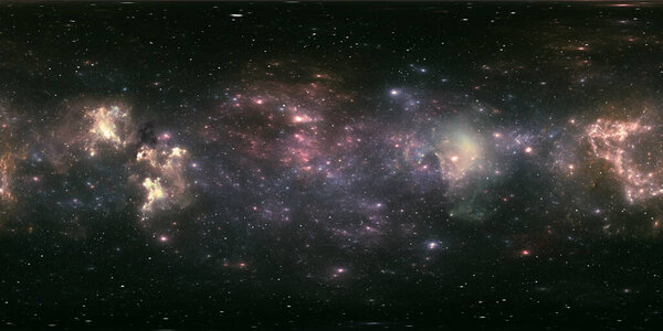 360 Эквипрямоугольная проекция. Космический фон с туманностью и звездами. Панорама, карта окружающей среды. HDRI сферическая панорама. 3d иллюстрация
