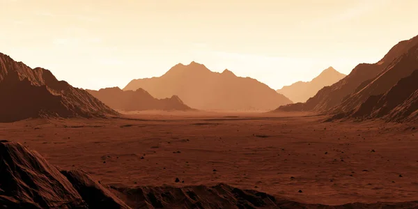 Mars the red planet. Martian landscape and dust in the atmosphere. 3D illustration