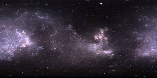 360 Эквипрямоугольная проекция. Космический фон с туманностью и звездами. Панорама, карта окружающей среды. HDRI сферическая панорама. 3d иллюстрация
