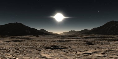 Merkür gezegeni manzarası. Merkür 'de gün batımı ve güneş koronası. 3B illüstrasyon