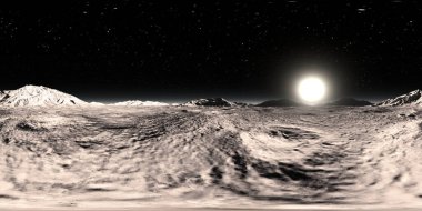 Merkür gezegeninin 360 HDRI panoraması. Merkür manzarası, çevre haritası. Eş dikdörtgen projeksiyon, küresel manzara. 3d illüstrasyon