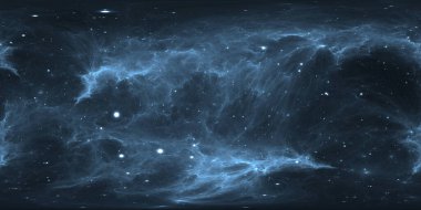 360 derece uzay nebulası, eş dikdörtgen yansıtma, çevre haritası. HDRI küresel panorama. Nebula ve yıldızlarla dolu bir arka plan. 3d illüstrasyon