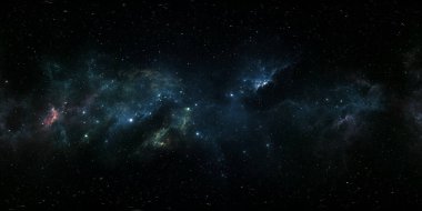 360 derece uzay nebulası, eş dikdörtgen yansıtma, çevre haritası. HDRI küresel panorama. Nebula ve yıldızlarla dolu bir arka plan. 3d illüstrasyon