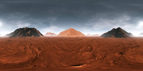 360等长方形投影火星落日 火星景观 Hdri环境地图 球状的全景 3D说明 — 图库照片