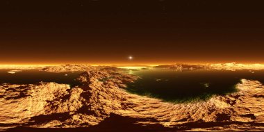 Titan, Satürn 'ün atmosferi olan en büyük uydusu. Panorama, çevre 360 HDRI haritası. Eş dikdörtgen projeksiyon, küresel manzara. Titan 'ın yüzey manzarası. Hidrokarbon göllerini buharlaştırıyorum. 3d illüstrasyon
