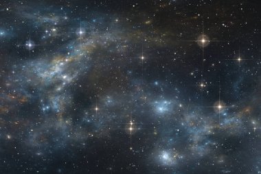 Yıldızlı gece gökyüzü arkaplanı ile nebula, 3 boyutlu illüstrasyon
