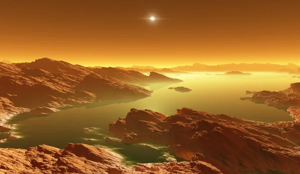 Titan Largest Moon Saturn Atmosphere Surface Landscape Titan Evaporating Hydrocarbon — Stock Photo, Image