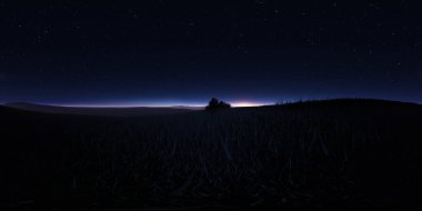 Yıldızlı gece manzarası. Panorama, çevre 360 HDRI haritası. Eş dikdörtgen projeksiyon, küresel manzara. 3d illüstrasyon