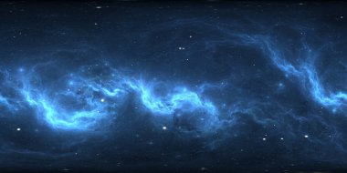 360 derece uzay nebulası, eş dikdörtgen yansıtma, çevre haritası. HDRI küresel panorama. Nebula ve yıldızlarla dolu bir arka plan. 3d illüstrasyon