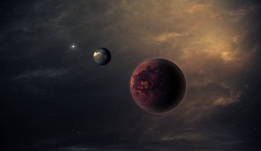 Nebulanın arka planında yıldızlar olan dış gezegenler veya Güneş dışı gezegen, 3 boyutlu illüstrasyon